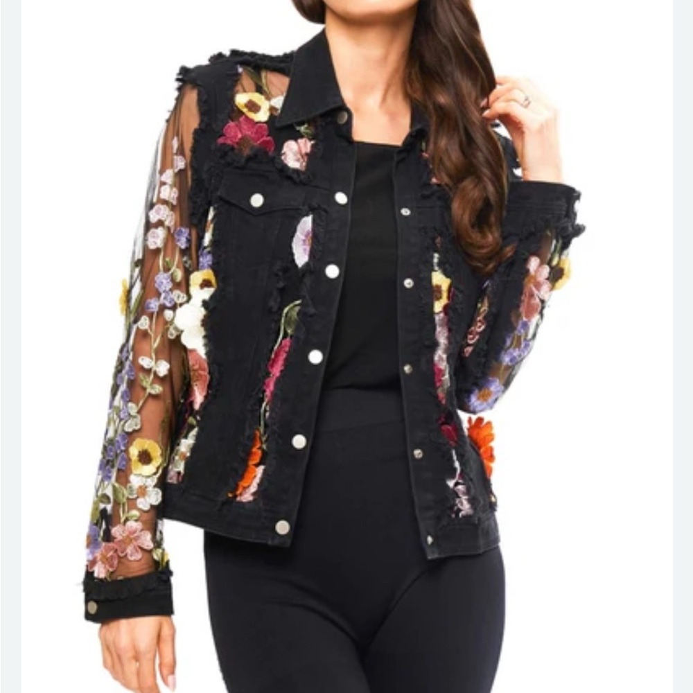Adore Black Jean Jacket with Colorful Floral Design